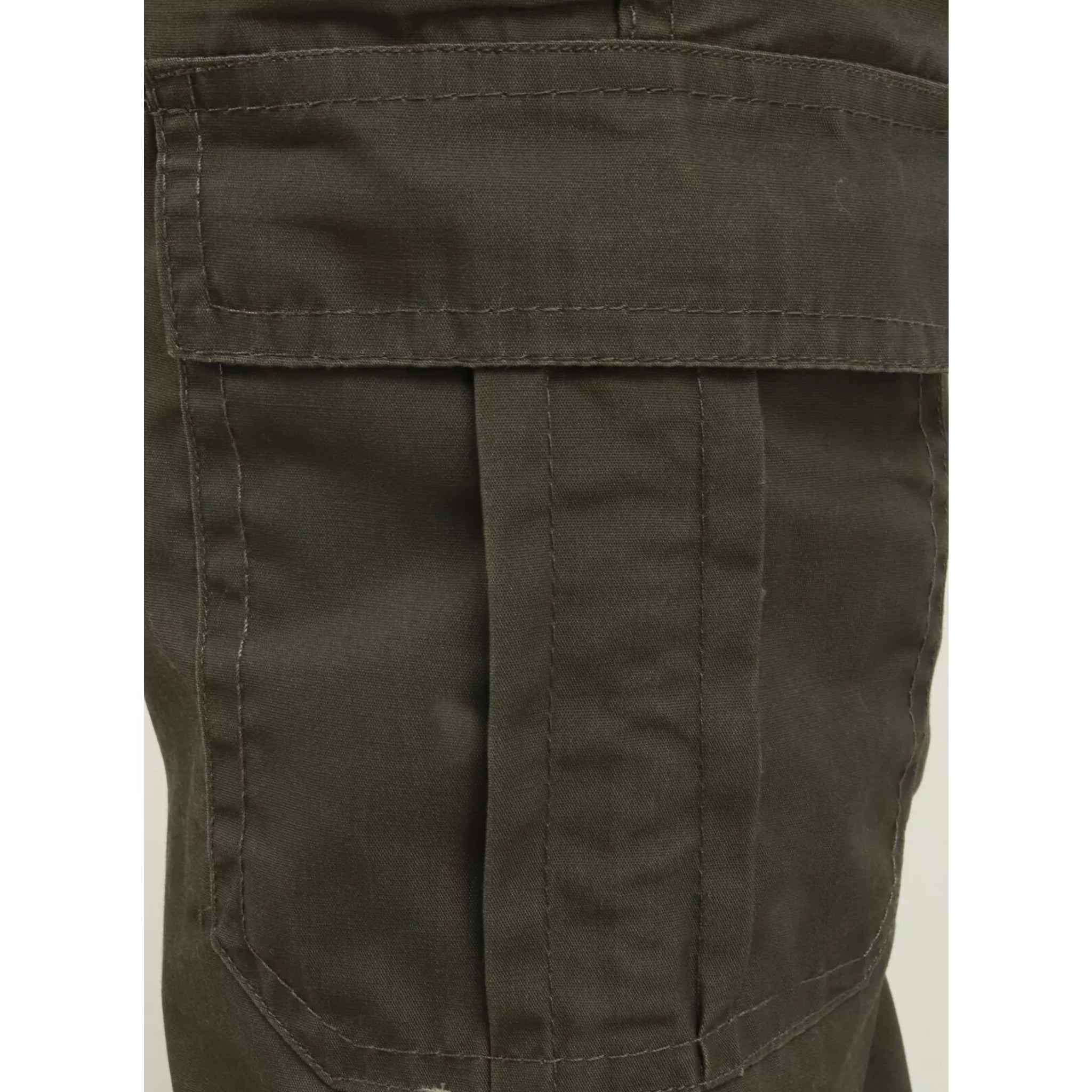 Men's dark khaki cargo utility trousers with side flap pockets, elasticated waistband, and belt loops – durable workwear or outdoor pants